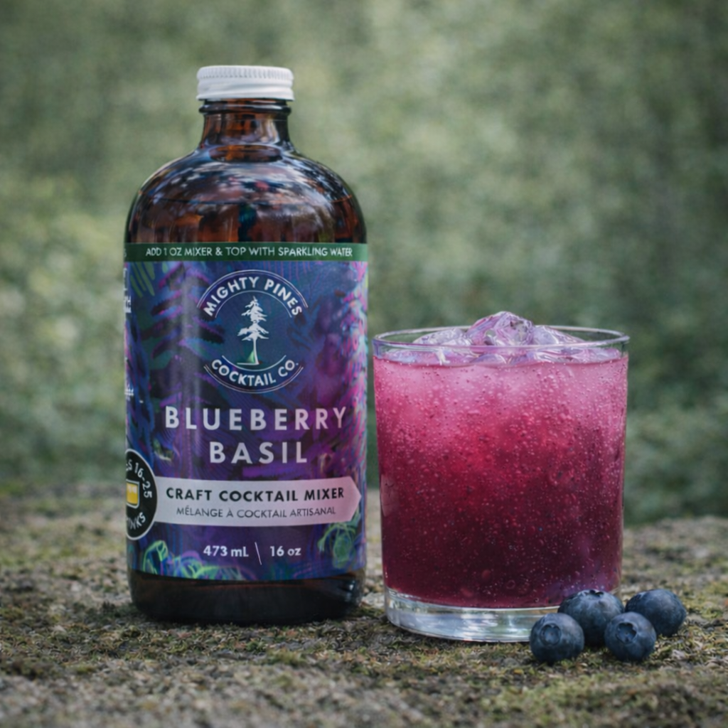 Blueberry Basil non-alcoholic cocktail mixer in sustainable glass bottle