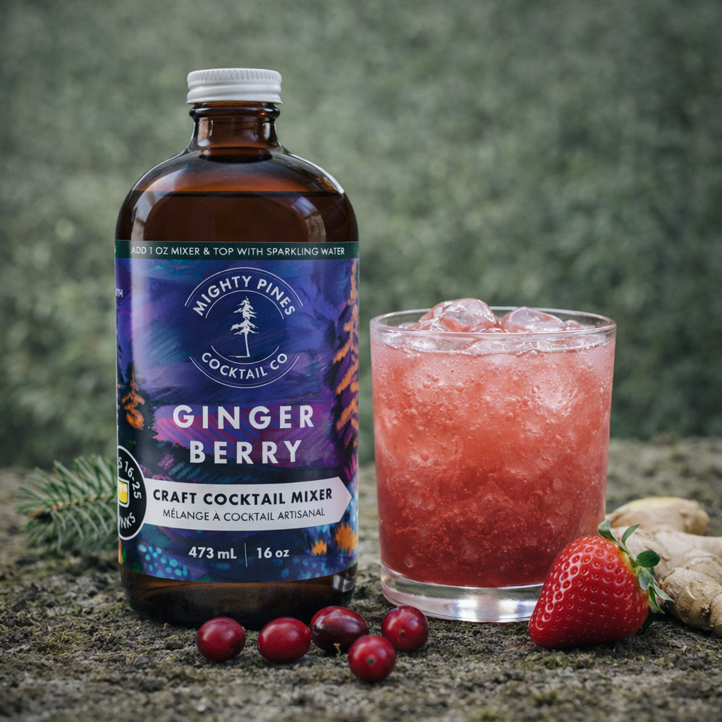 Ginger Berry non-alcoholic cocktail mixer in sustainable glass bottle