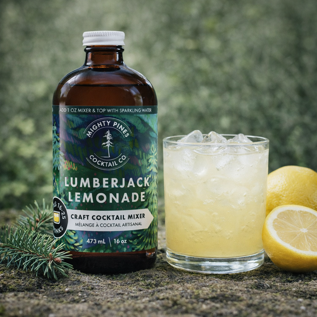 Lumberjack Lemonade citrus, spruce, non-alcoholic cocktail mixer in sustainable glass bottle