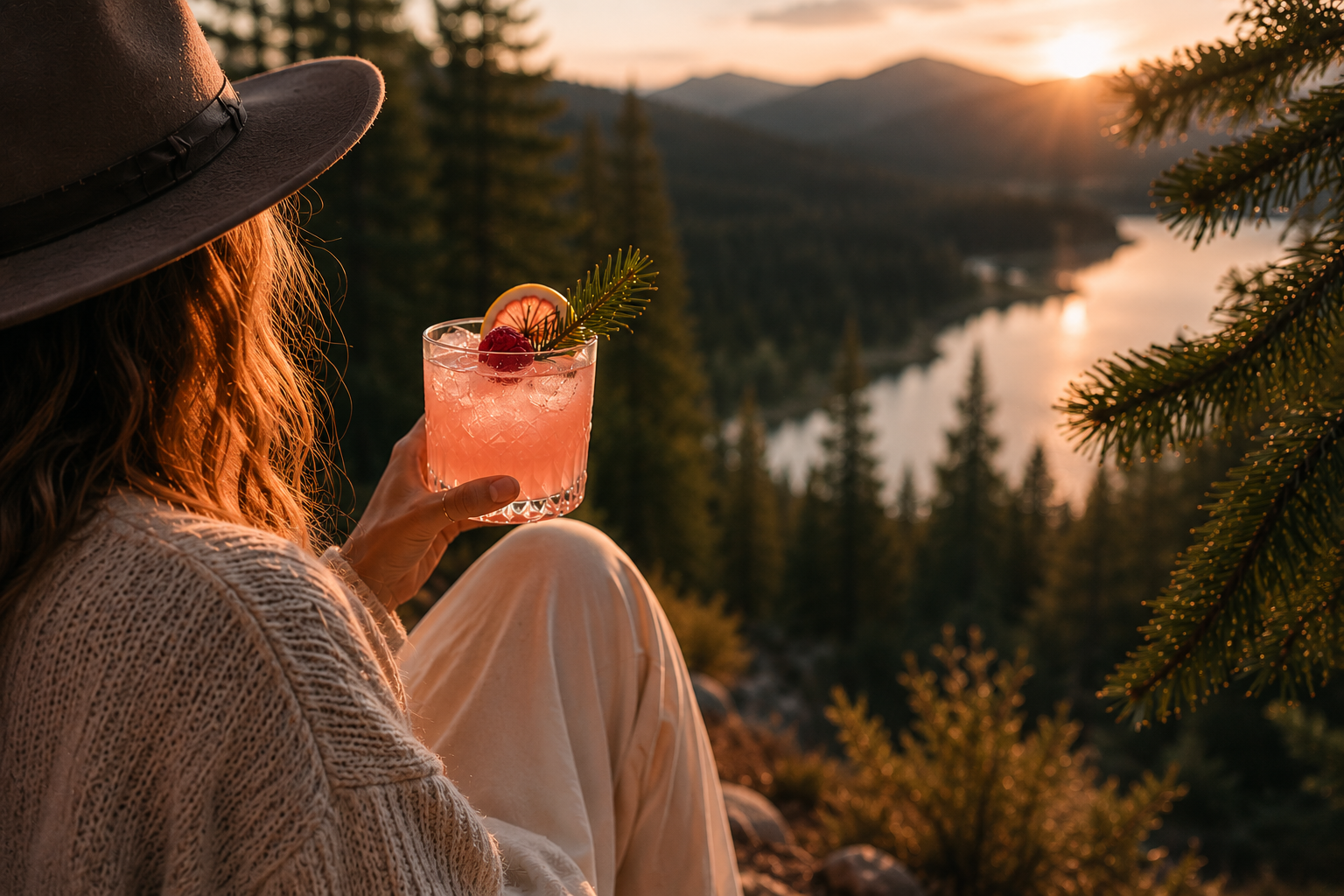 Rhubarb habanero cocktail on top of a mountain