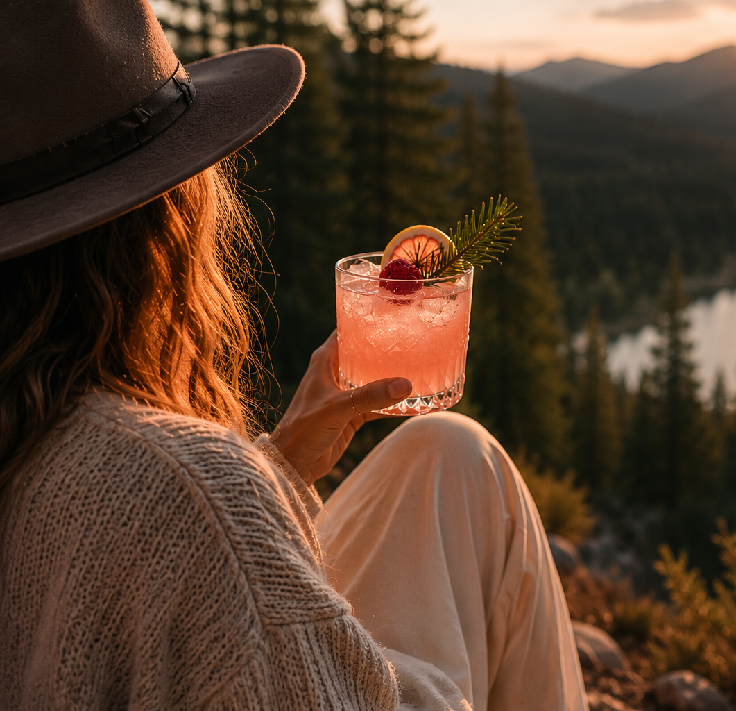 Mighty Pines Cocktail Co. Having a mindful cocktail at the top of a mountain
