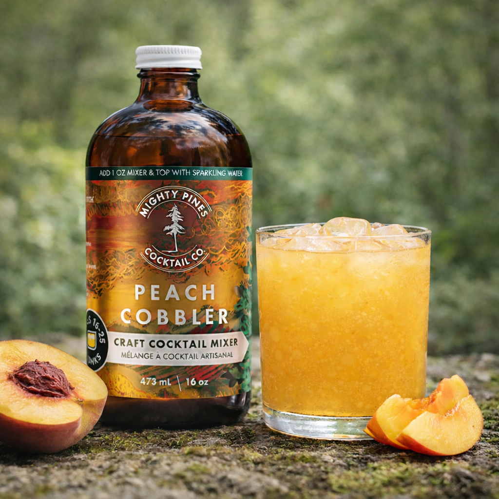 Peach Cobbler non-alcoholic cocktail mixer in sustainable glass bottle