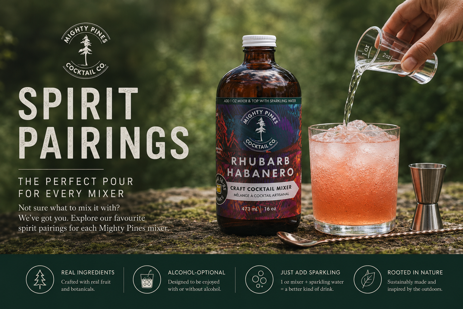A promotional graphic for Mighty Pine Cocktail Co. showing a bottle of Rhubarb Habanero craft cocktail mixer next to a pink drink being poured into a glass, with a hand holding the pouring pitcher.